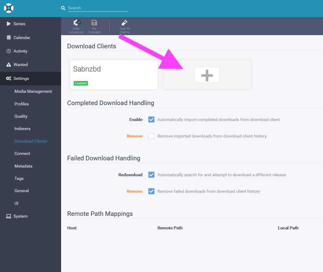 Sonarr add client screen